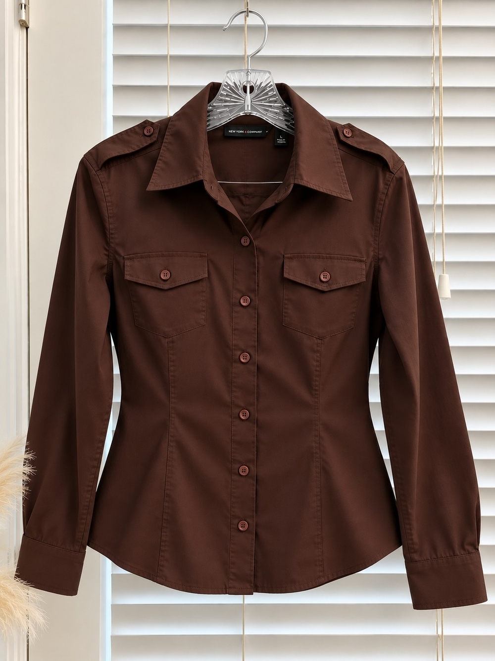 New York & Company Chocolate Brown Button-Front Tailored Shirt